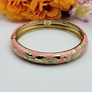 Jiu Long Xing Pink Floral Enamel Bangle Bracelet Gold Tone Hinged 7"